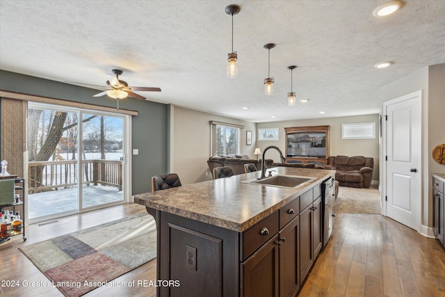 kitchen featuring decorative light fixtures, an island with sink, sink, plenty of natural light, and dark brown cabinets