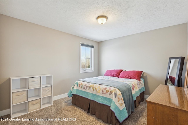 bedroom featuring carpet and a textured ceiling