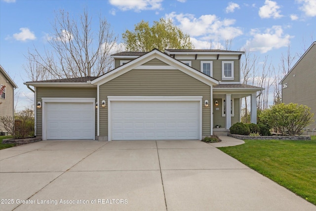 4526 Bison Dr, Holt, MI 48842 - traditional-style house with concrete driveway, an attached garage, a front yard, and a porch