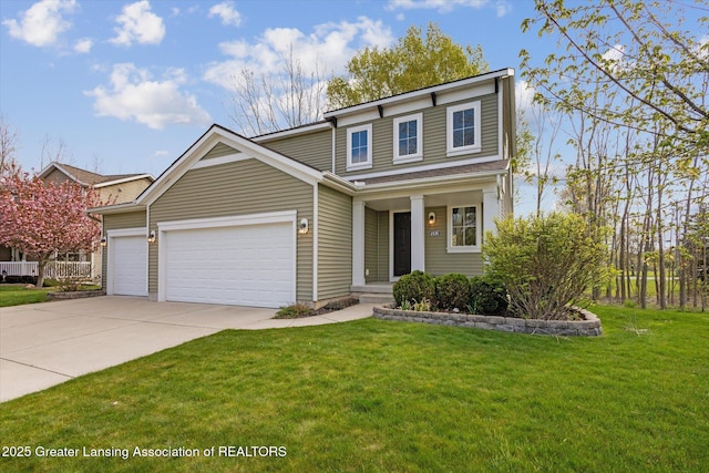 4526 Bison Dr, Holt, MI 48842 - view of front facade featuring an attached garage, concrete driveway, a front lawn, and a porch