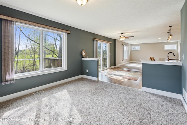4526 Bison Dr, Holt, MI 48842 - unfurnished living room featuring carpet floors, a ceiling fan, baseboards, and wood finished floors
