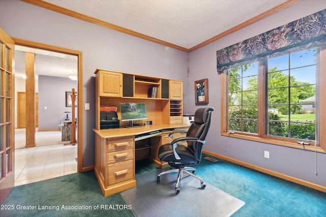 office with dark carpet, crown molding, and a textured ceiling