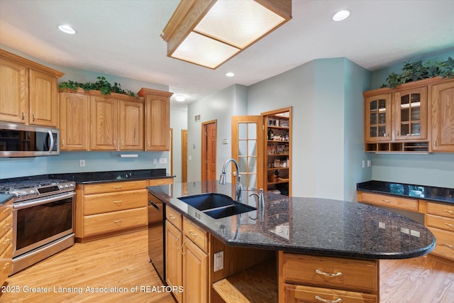 kitchen featuring sink, dark stone countertops, light hardwood / wood-style floors, stainless steel appliances, and a center island with sink