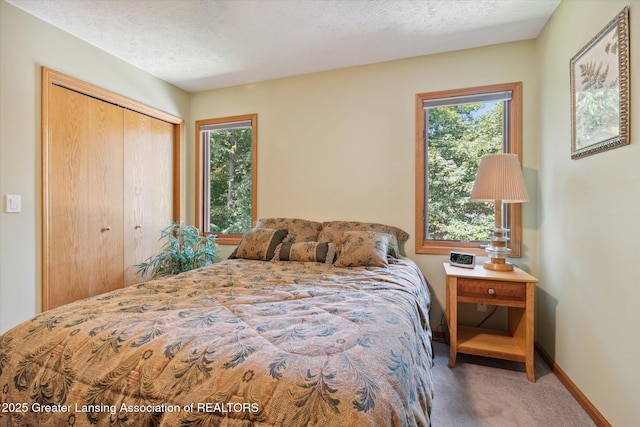 bedroom with carpet flooring, a textured ceiling, and a closet