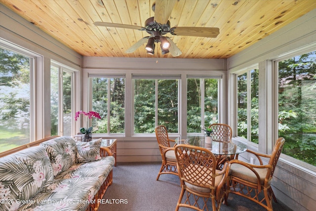 sunroom / solarium featuring wood ceiling and ceiling fan