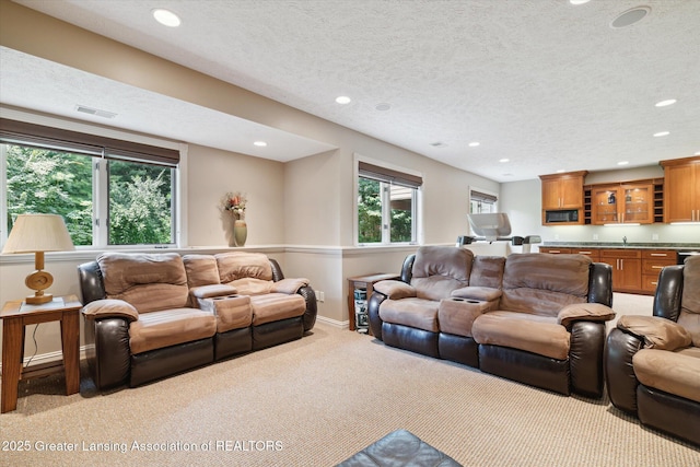 carpeted living room with bar and a textured ceiling