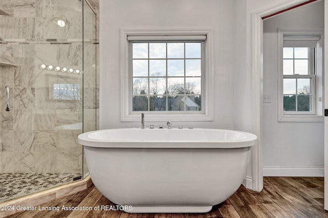 bathroom featuring hardwood / wood-style floors and plus walk in shower