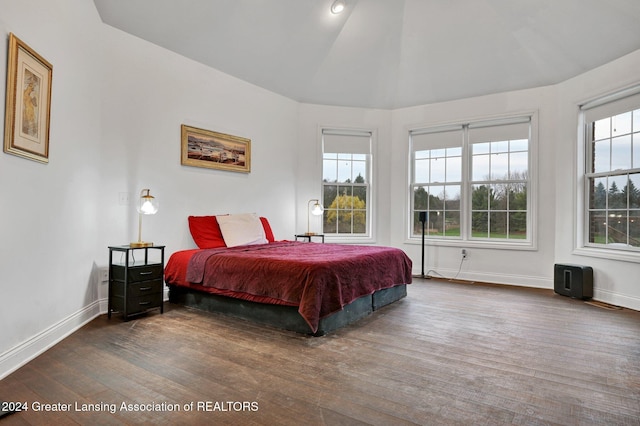 bedroom featuring dark hardwood / wood-style flooring and vaulted ceiling