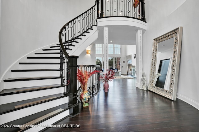 entryway with dark hardwood / wood-style flooring and a high ceiling