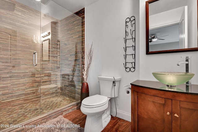 bathroom with wood-type flooring, toilet, a shower with shower door, and vanity