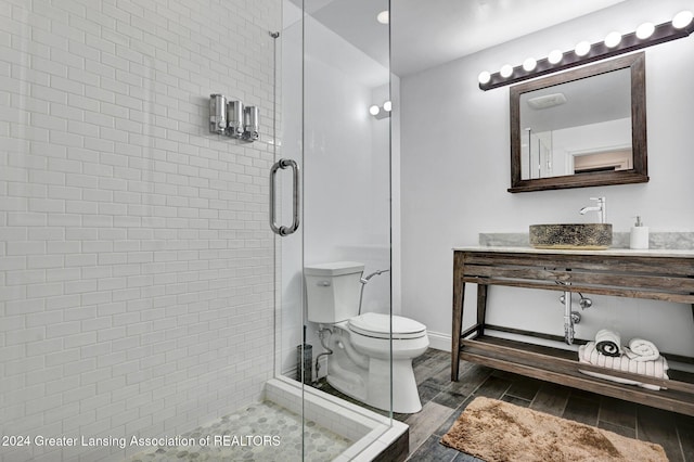 bathroom with sink, a shower with door, and toilet