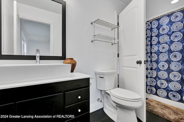 bathroom with hardwood / wood-style flooring, vanity, toilet, and a shower with shower curtain