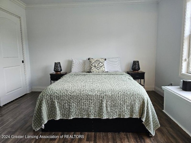 bedroom featuring crown molding and dark hardwood / wood-style floors