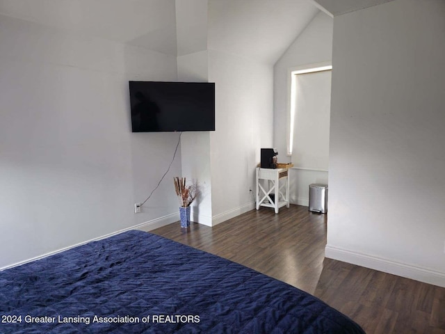 bedroom featuring lofted ceiling and dark wood-type flooring