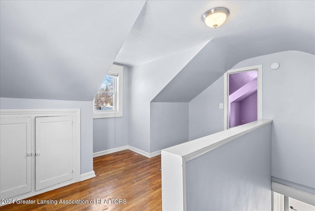 additional living space featuring lofted ceiling and hardwood / wood-style floors