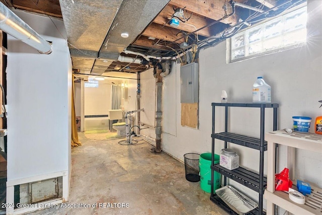 basement with electric panel and sink