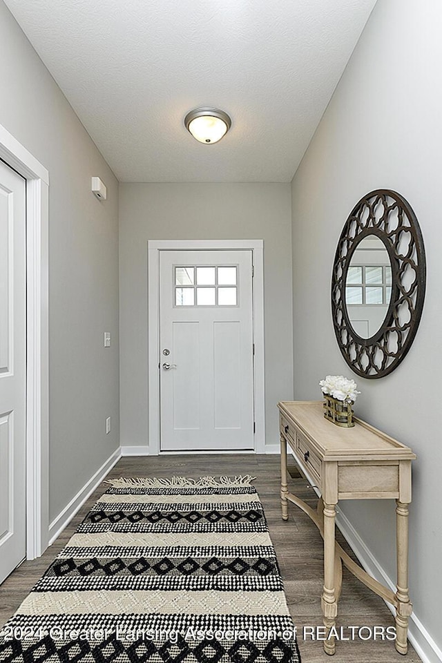 entrance foyer with a textured ceiling and dark wood-type flooring