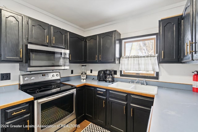 kitchen featuring sink, appliances with stainless steel finishes, and ornamental molding