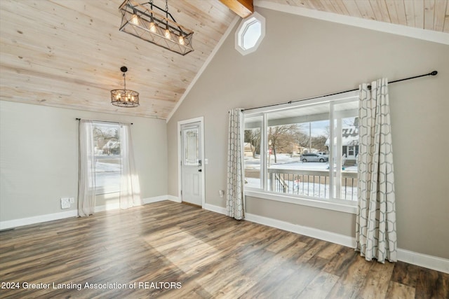 foyer entrance with hardwood / wood-style floors, an inviting chandelier, high vaulted ceiling, wooden ceiling, and beam ceiling