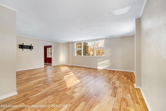 unfurnished room featuring ornamental molding and light hardwood / wood-style flooring