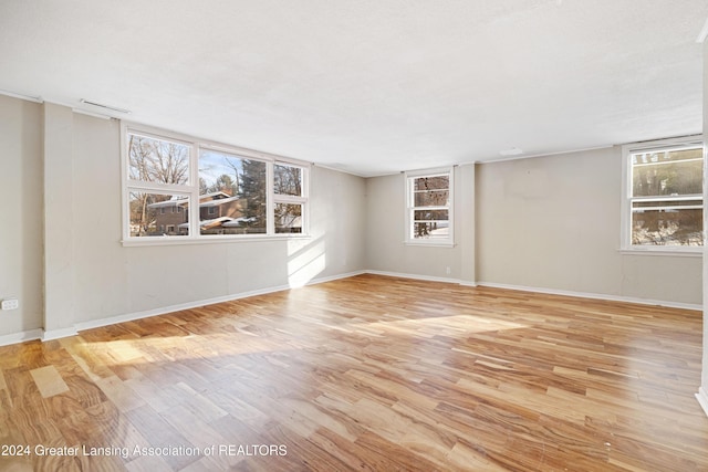 spare room with a textured ceiling, a healthy amount of sunlight, and light wood-type flooring