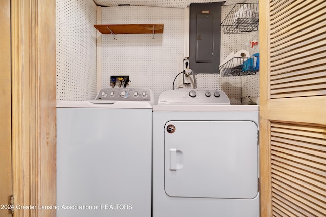 washroom featuring electric panel and washing machine and clothes dryer