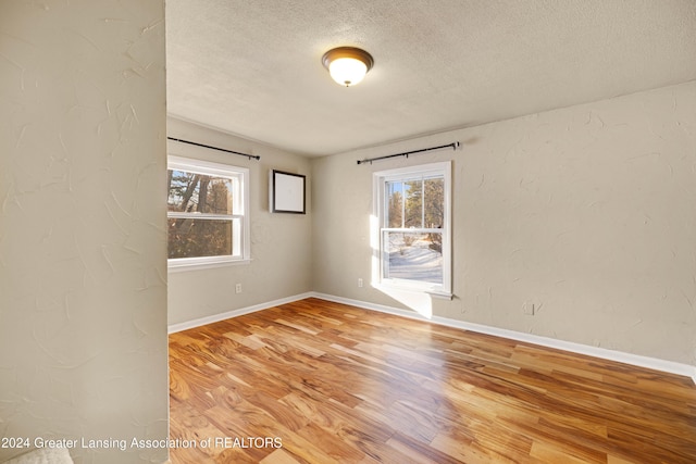 spare room with a textured ceiling, light wood-type flooring, and a healthy amount of sunlight