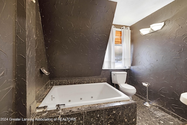 bathroom with a relaxing tiled tub and toilet