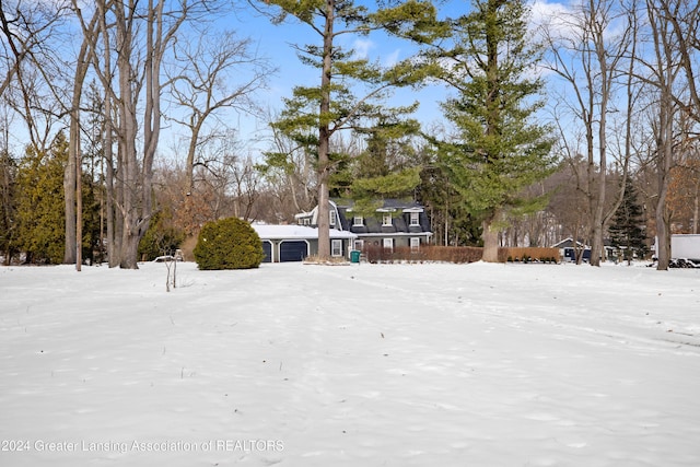 yard covered in snow featuring a garage