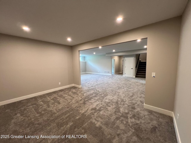6097 Southridge Rd, East Lansing, MI 48823 - carpeted spare room with stairway, recessed lighting, and baseboards