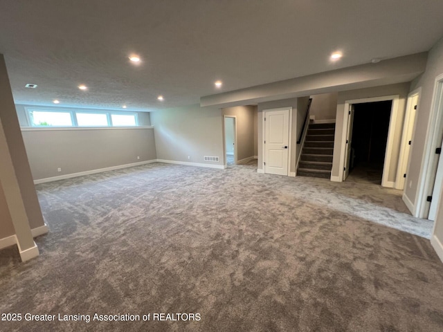 6097 Southridge Rd, East Lansing, MI 48823 - basement with recessed lighting, stairs, carpet flooring, and baseboards