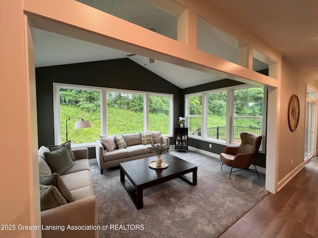 6097 Southridge Rd, East Lansing, MI 48823 - living room with wood finished floors, lofted ceiling, and a ceiling fan
