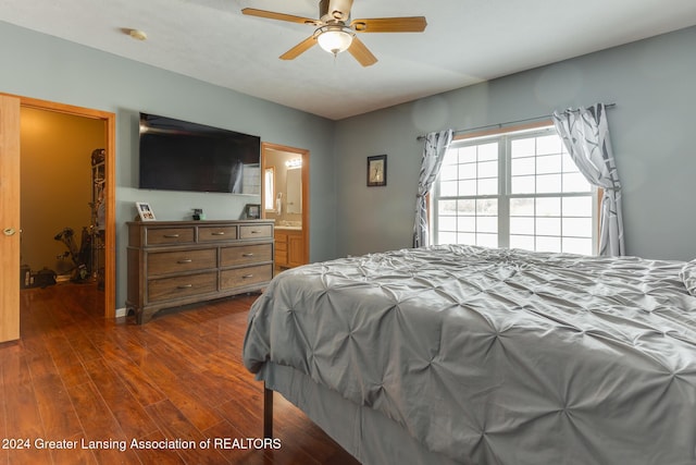 bedroom featuring connected bathroom, ceiling fan, and dark hardwood / wood-style flooring