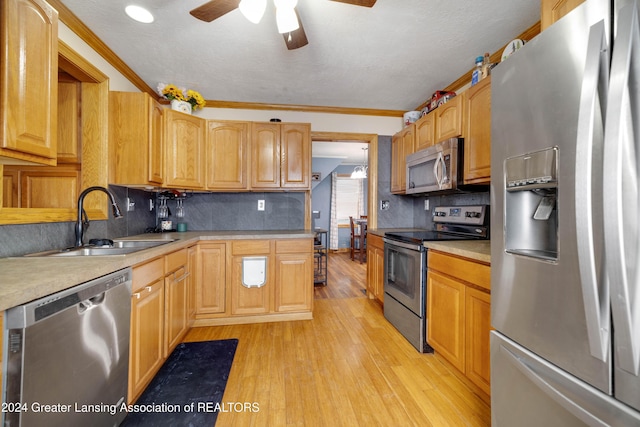 kitchen with sink, ornamental molding, light wood-type flooring, and appliances with stainless steel finishes