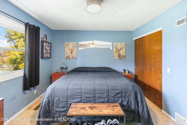 carpeted bedroom with multiple windows