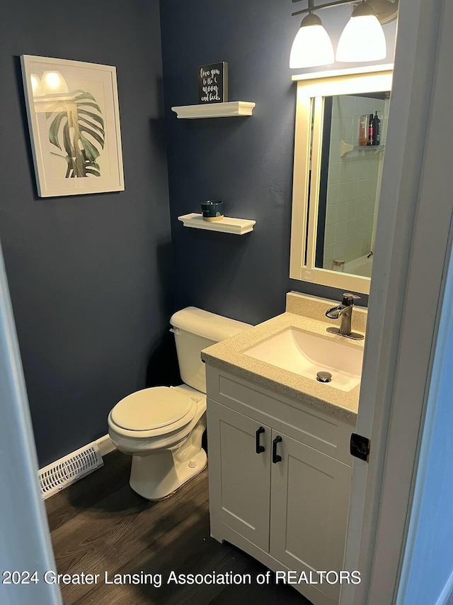 bathroom with hardwood / wood-style flooring, vanity, and toilet