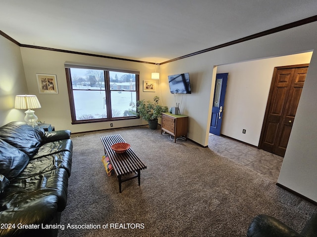 living room featuring ornamental molding and light carpet