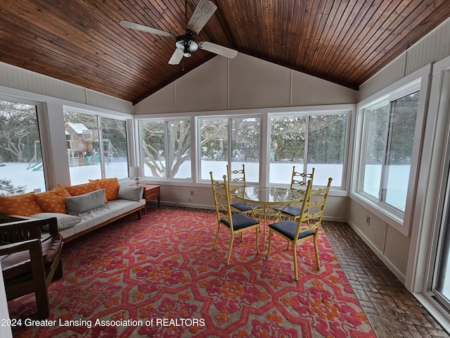 sunroom / solarium featuring ceiling fan, wood ceiling, and vaulted ceiling