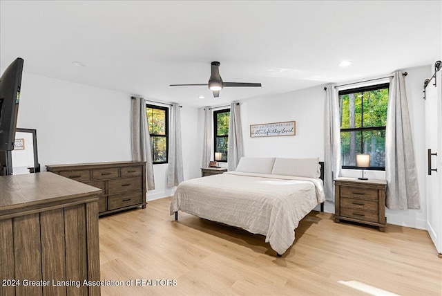 bedroom featuring ceiling fan, light hardwood / wood-style floors, and multiple windows