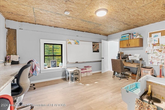 office area featuring wood ceiling and light hardwood / wood-style flooring