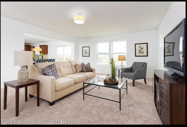 living room featuring light colored carpet