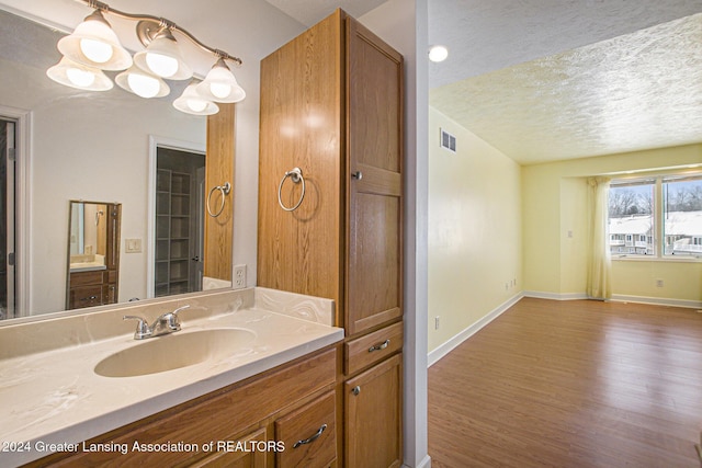 bathroom with vanity, hardwood / wood-style floors, and a textured ceiling