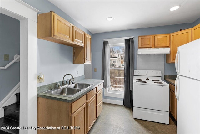 kitchen with concrete floors, sink, and white appliances