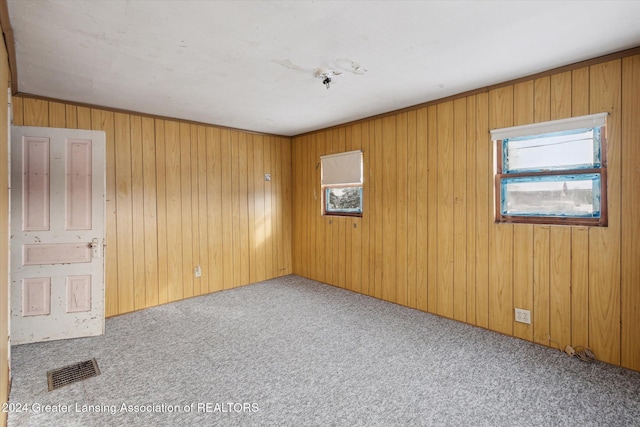 spare room with light carpet and wood walls