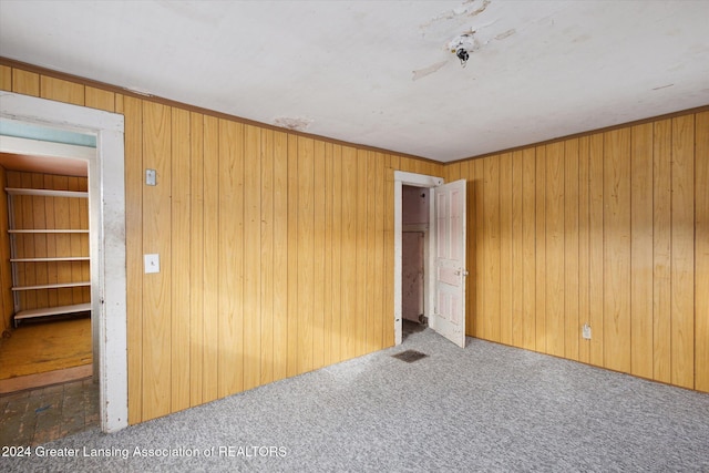 carpeted empty room featuring wood walls