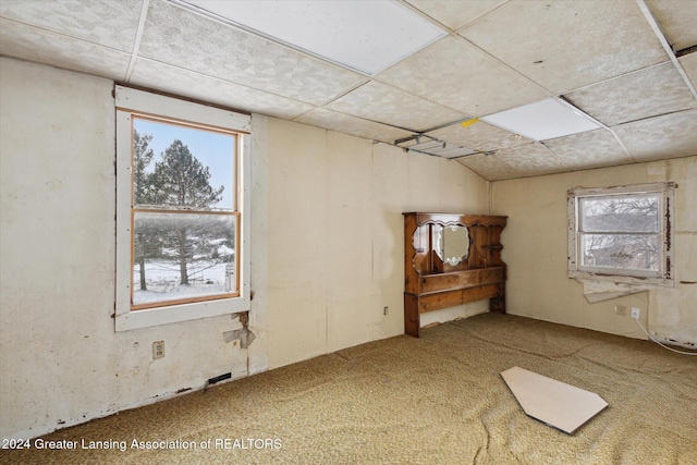 empty room with a healthy amount of sunlight, carpet floors, and a paneled ceiling