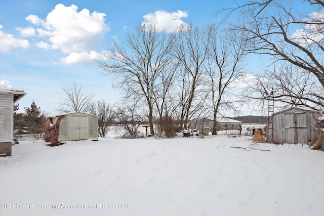 yard covered in snow with a storage shed