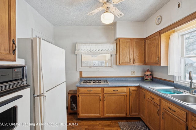 kitchen with sink, white appliances, dark wood-type flooring, ceiling fan, and a textured ceiling