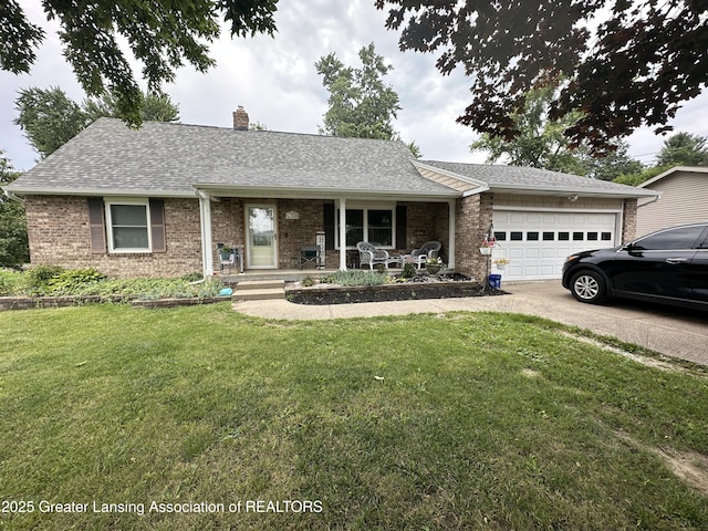 ranch-style house with a garage, a porch, and a front lawn