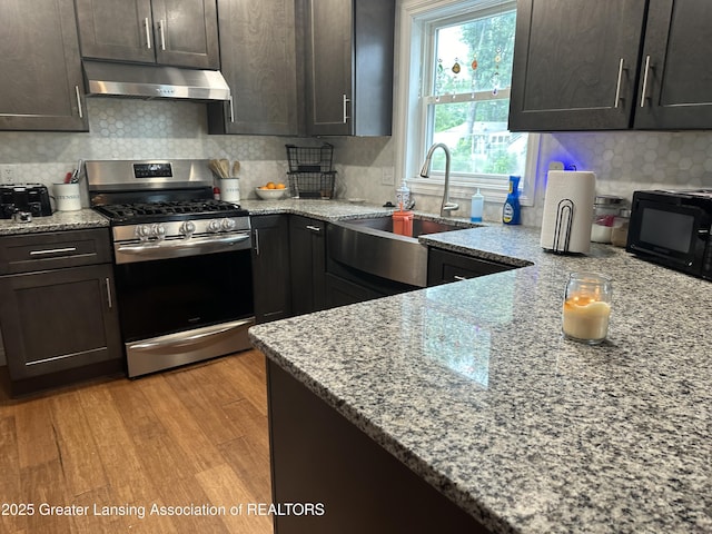 kitchen featuring dark brown cabinetry, stainless steel gas range, exhaust hood, and tasteful backsplash